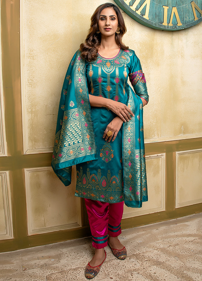 3 Pc Blue Unstitched Silk Suit Set With Dupatta