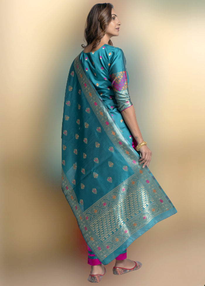 3 Pc Blue Unstitched Silk Suit Set With Dupatta