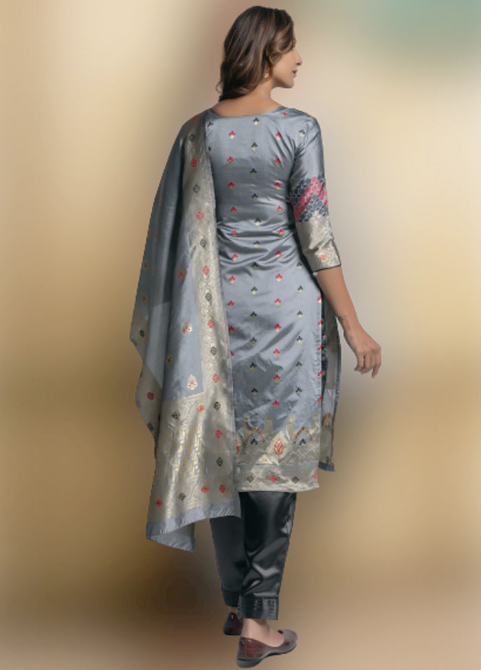 3 Pc Grey Unstitched Silk Suit Set With Dupatta