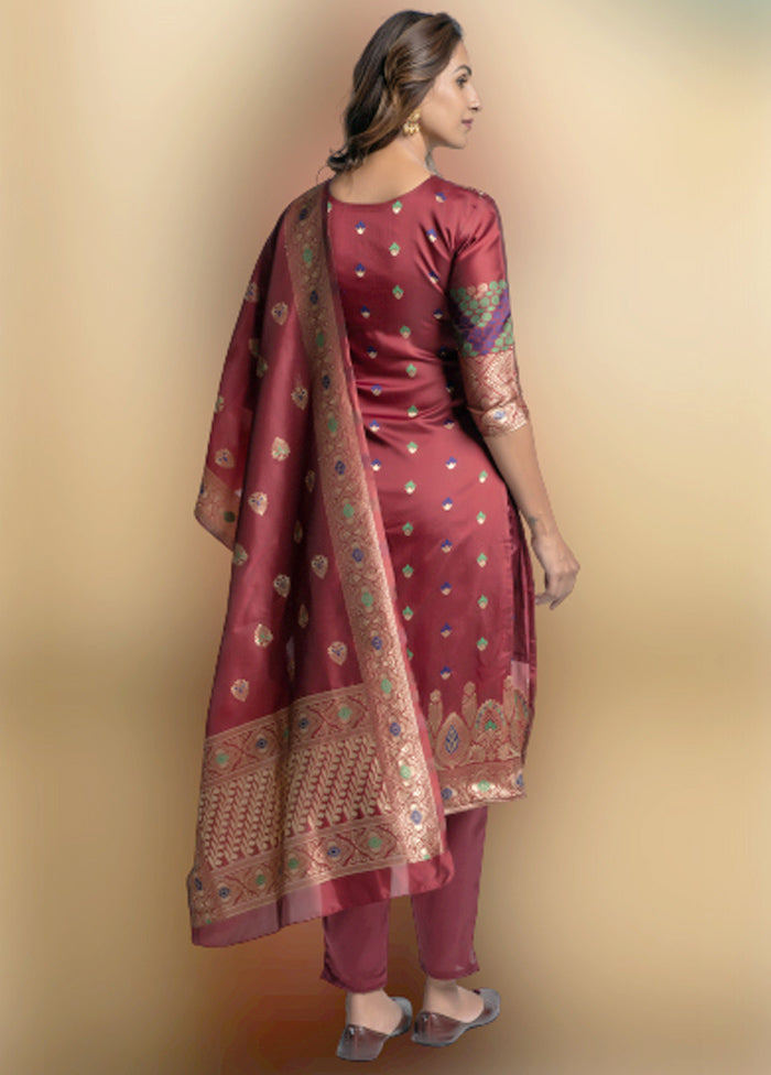 3 Pc Red Unstitched Silk Suit Set With Dupatta