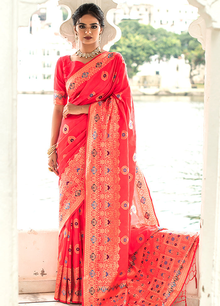 Pale Red Spun Silk Saree With Blouse Piece