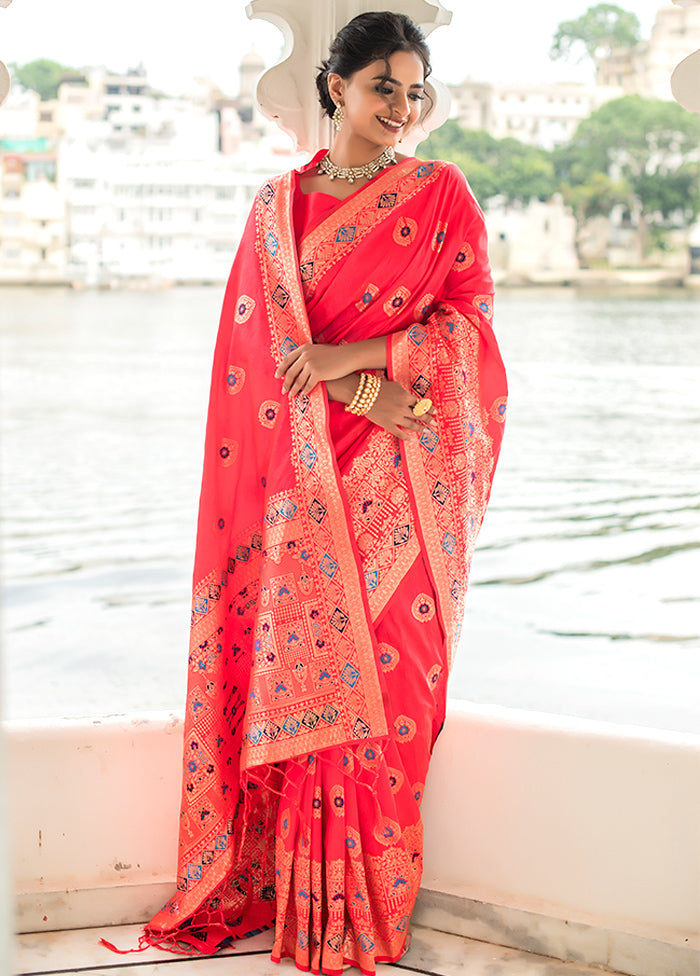 Pale Red Spun Silk Saree With Blouse Piece