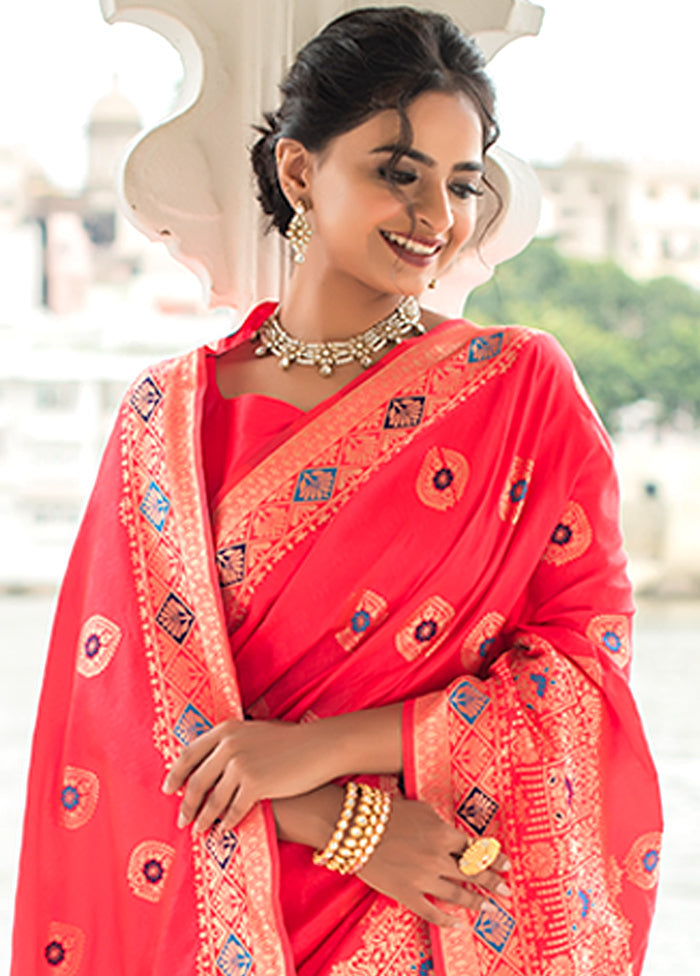 Pale Red Spun Silk Saree With Blouse Piece