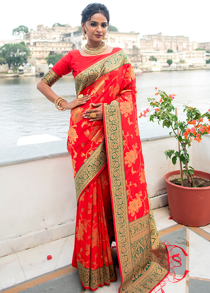 Tomato Red Spun Silk Saree With Blouse Piece