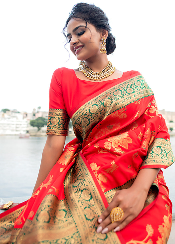 Tomato Red Spun Silk Saree With Blouse Piece