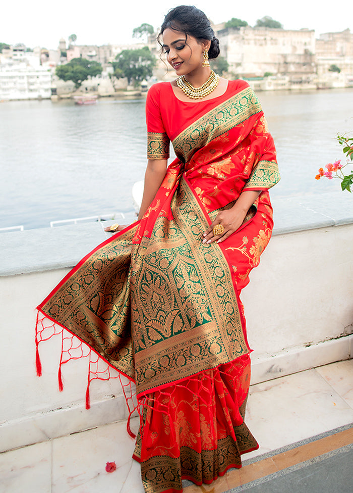 Tomato Red Spun Silk Saree With Blouse Piece