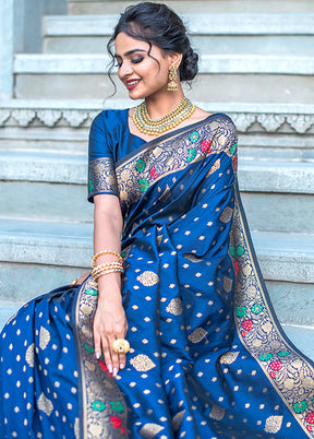 Navy Blue Spun Silk Saree With Blouse Piece