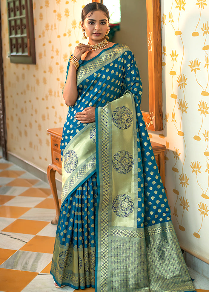 Ocean Blue Spun Silk Saree With Blouse Piece