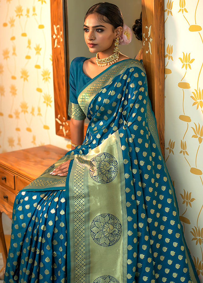 Ocean Blue Spun Silk Saree With Blouse Piece