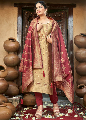 3 Pc Brown Unstitched Silk Suit Set With Dupatta