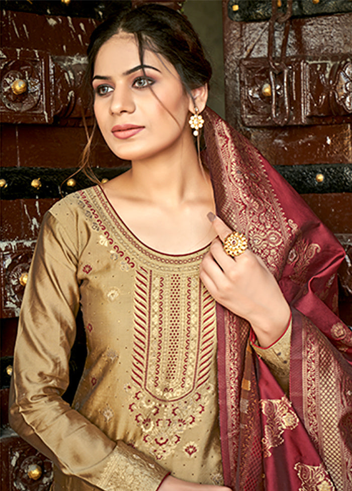 3 Pc Brown Unstitched Silk Suit Set With Dupatta