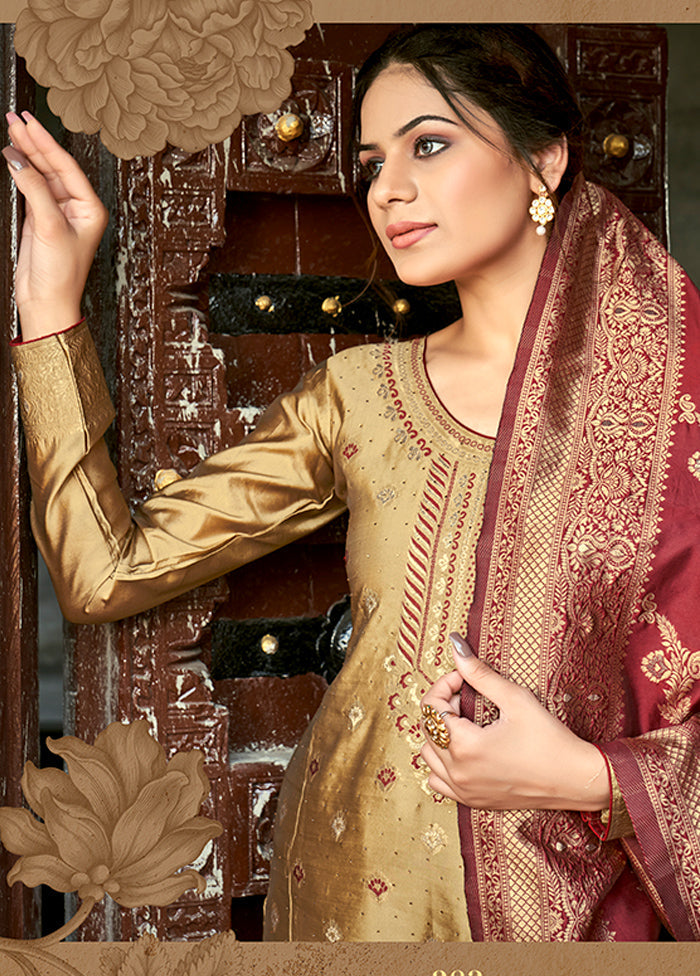 3 Pc Brown Unstitched Silk Suit Set With Dupatta