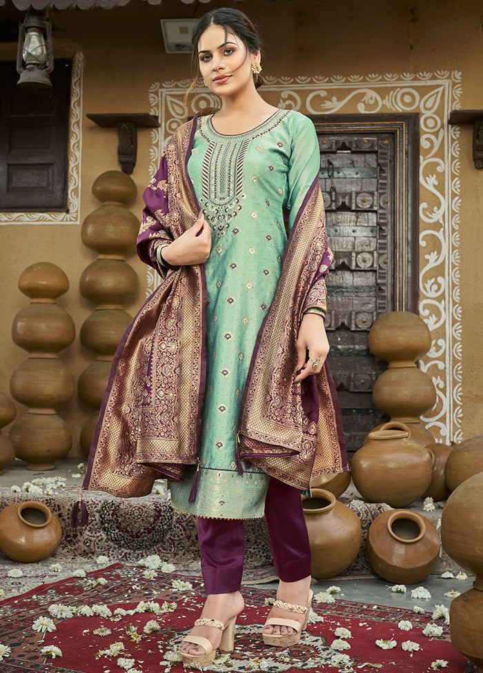 3 Pc Green Unstitched Silk Suit Set With Dupatta