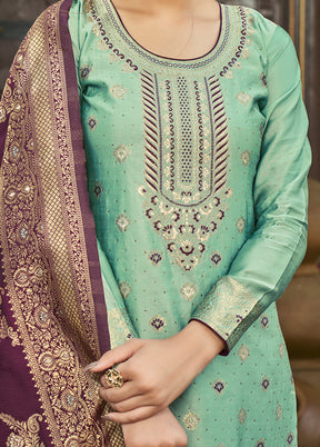 3 Pc Green Unstitched Silk Suit Set With Dupatta