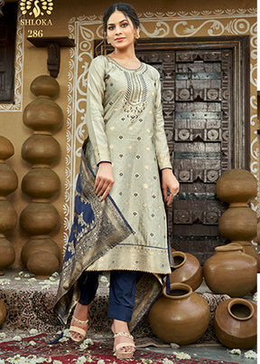 3 Pc Grey Unstitched Silk Suit Set With Dupatta