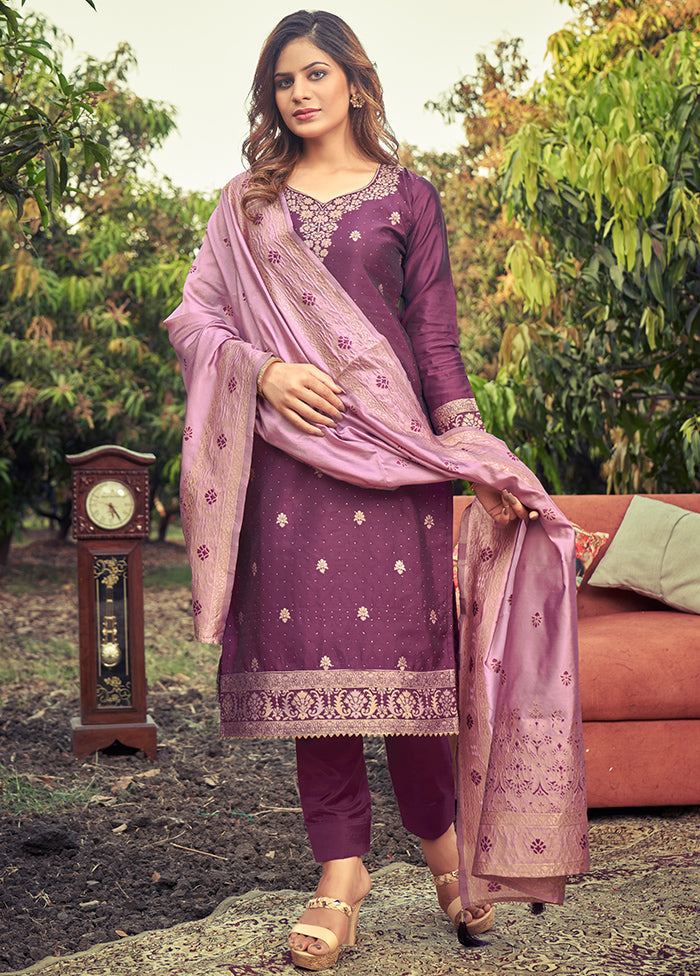 3 Pc Purple Unstitched Silk Suit Set With Dupatta