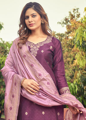 3 Pc Purple Unstitched Silk Suit Set With Dupatta