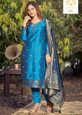 3 Pc Blue Unstitched Silk Suit Set With Dupatta