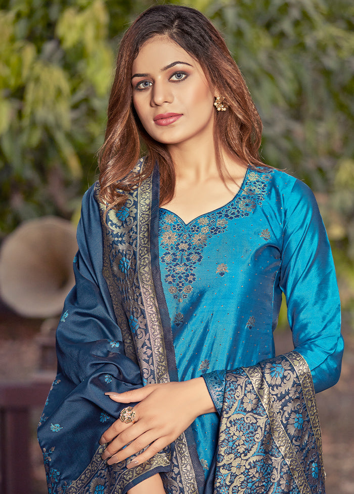 3 Pc Blue Unstitched Silk Suit Set With Dupatta