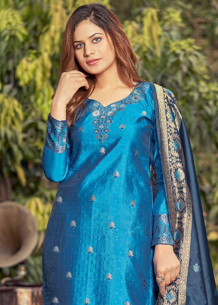 3 Pc Blue Unstitched Silk Suit Set With Dupatta