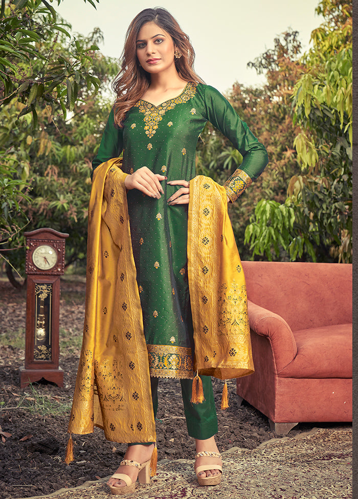 3 Pc Green Unstitched Silk Suit Set With Dupatta