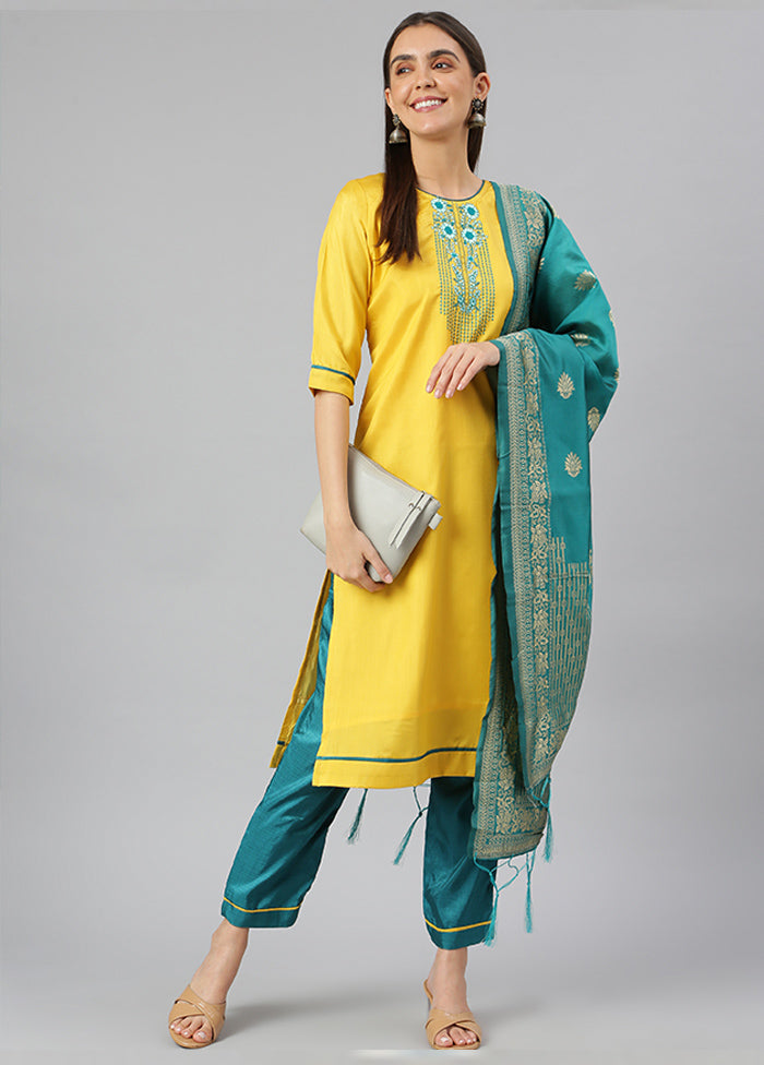 Yellow 3 Pc Silk Suit Set With Dupatta