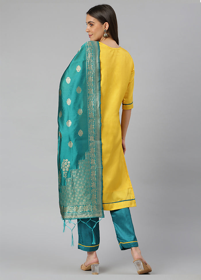 Yellow 3 Pc Silk Suit Set With Dupatta