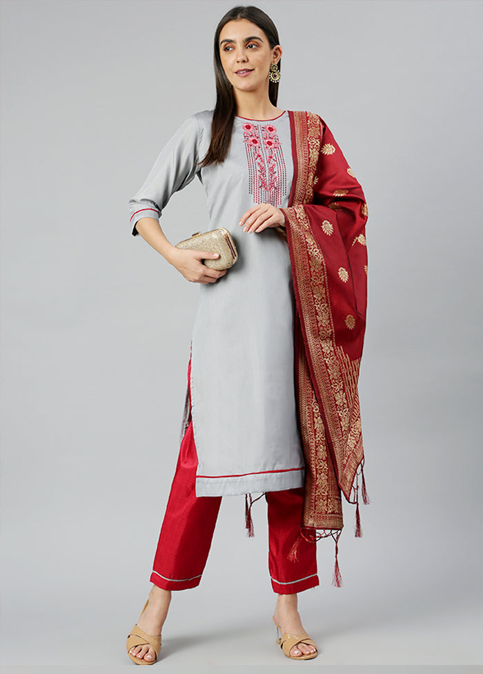 Grey 3 Pc Silk Suit Set With Dupatta