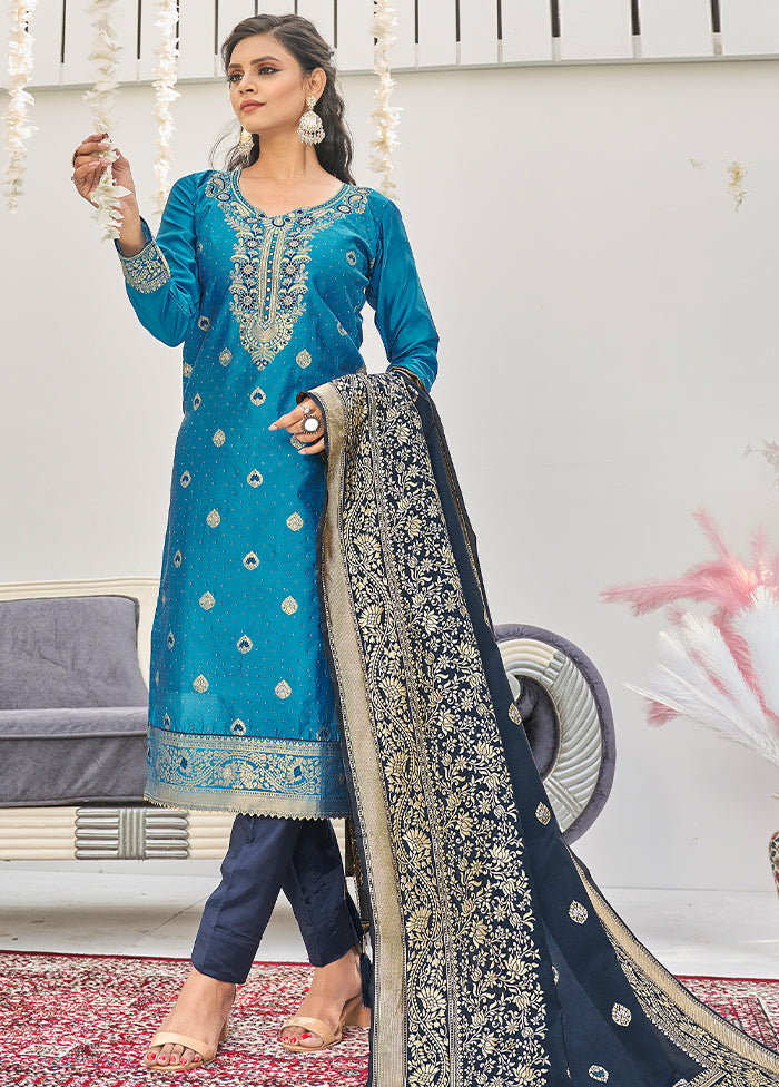 3 Pc Blue Unstitched Silk Suit Set With Dupatta