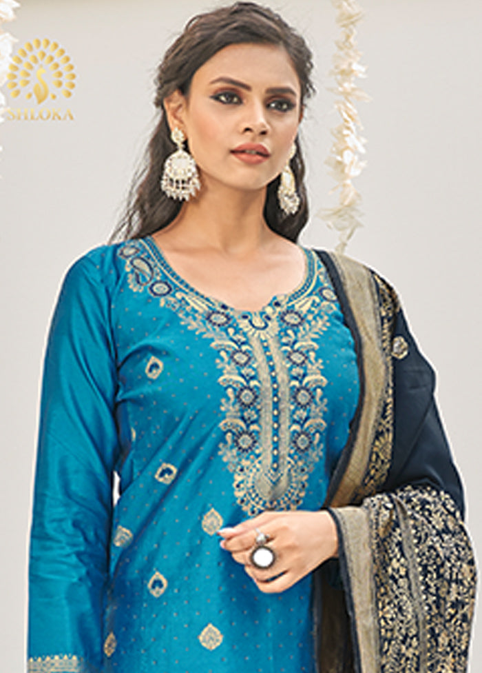 3 Pc Blue Unstitched Silk Suit Set With Dupatta