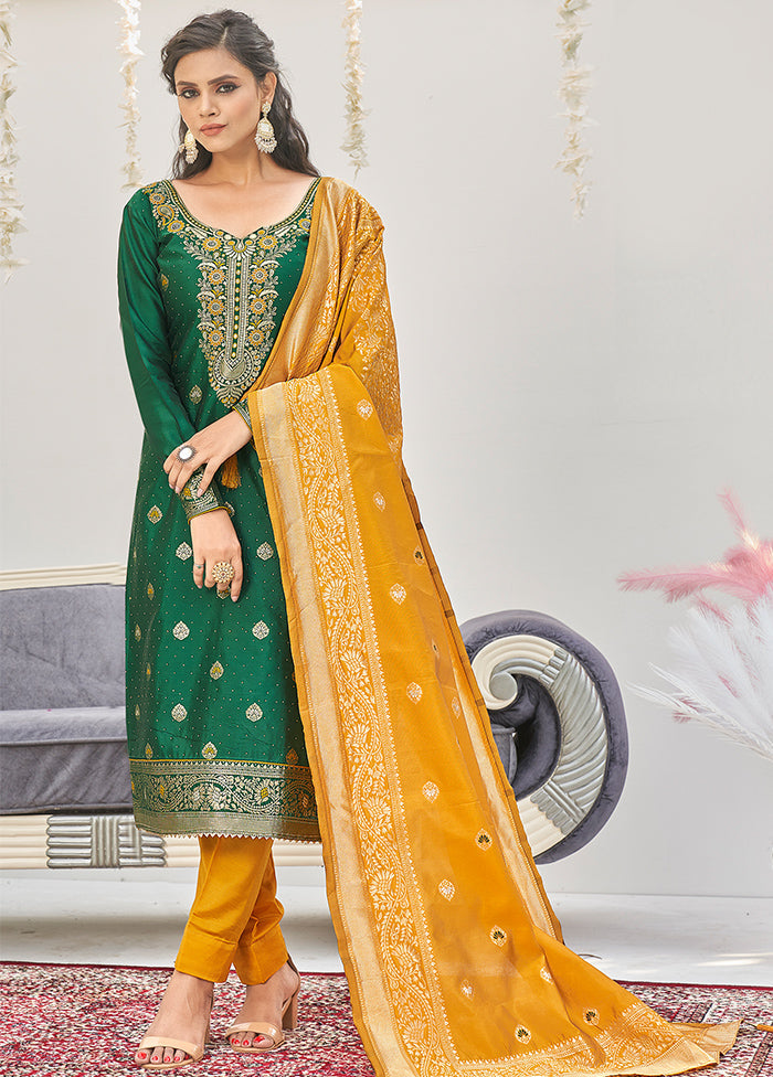 3 Pc Green Unstitched Silk Suit Set With Dupatta