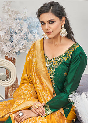 3 Pc Green Unstitched Silk Suit Set With Dupatta