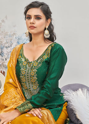 3 Pc Green Unstitched Silk Suit Set With Dupatta