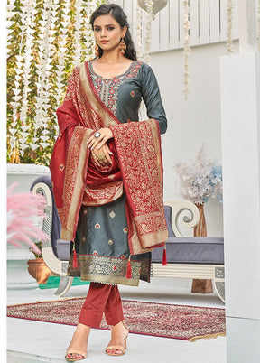 3 Pc Dark Grey Unstitched Silk Suit Set With Dupatta