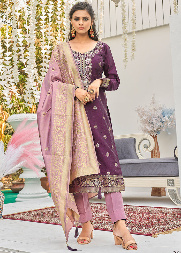 3 Pc Wine Unstitched Silk Suit Set With Dupatta