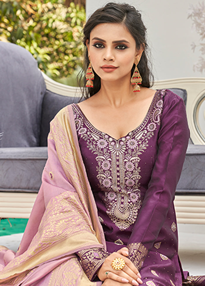 3 Pc Wine Unstitched Silk Suit Set With Dupatta