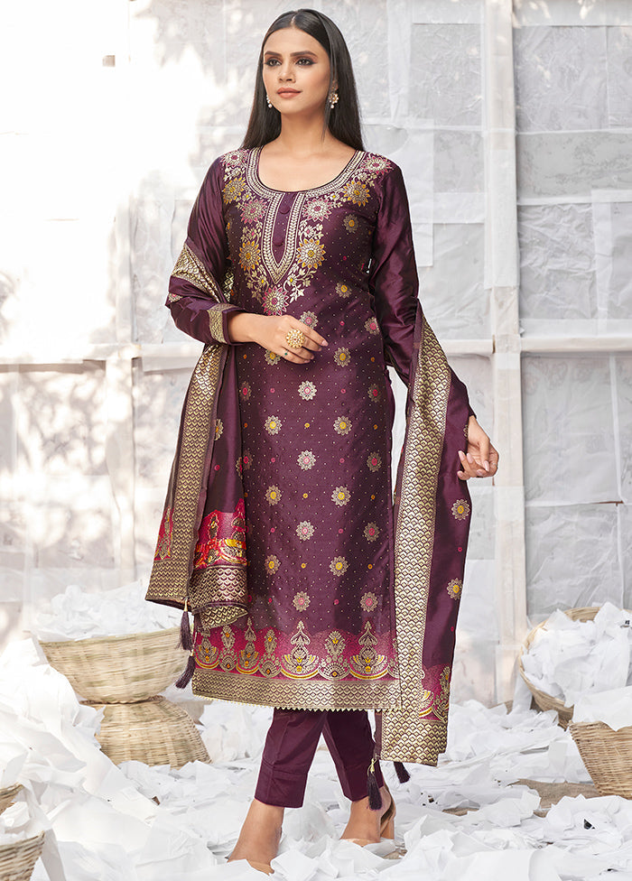 3 Pc Wine Unstitched Silk Suit Set With Dupatta