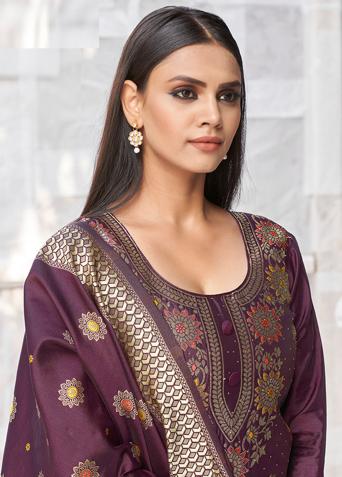 3 Pc Wine Unstitched Silk Suit Set With Dupatta