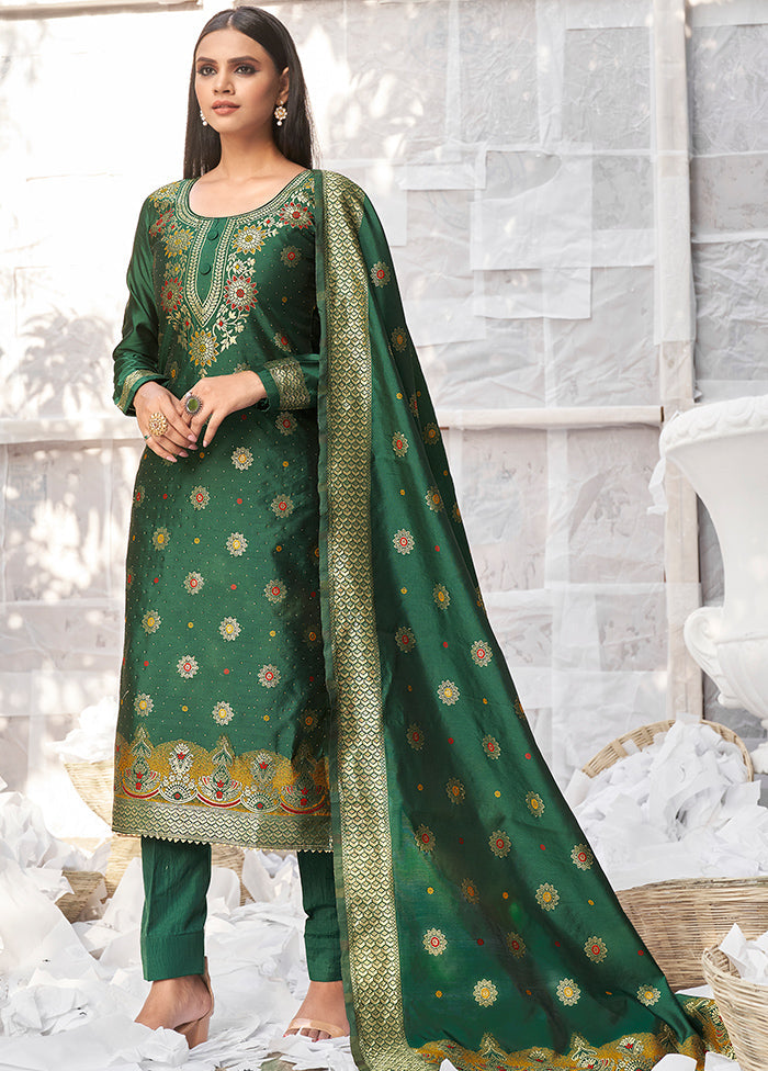 3 Pc Green Unstitched Silk Suit Set With Dupatta