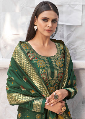 3 Pc Green Unstitched Silk Suit Set With Dupatta