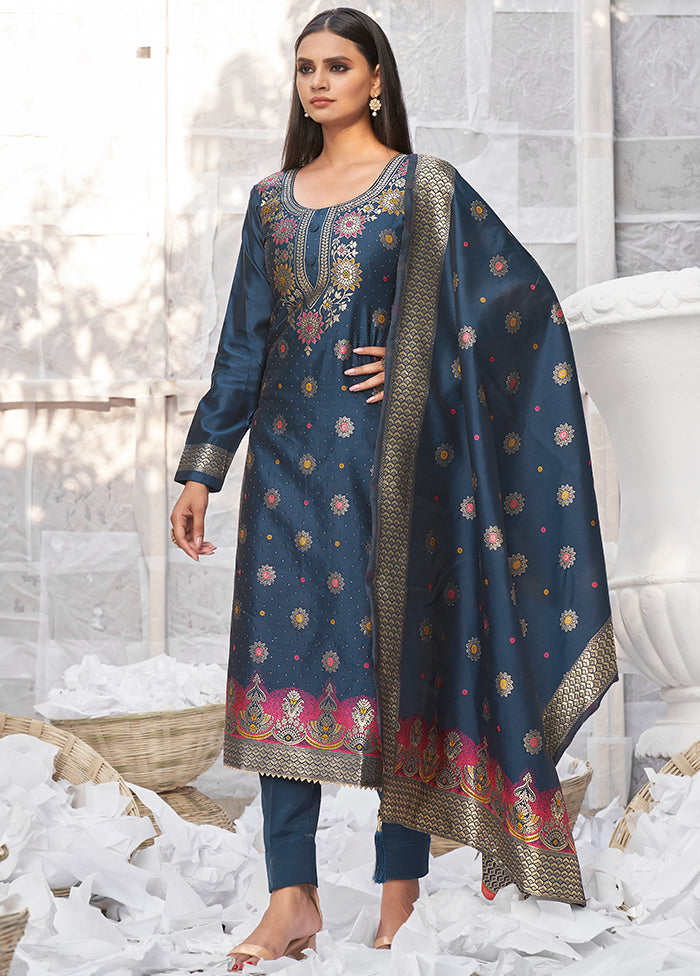 3 Pc Blue Unstitched Silk Suit Set With Dupatta