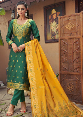 3 Pc Green Unstitched Silk Suit Set With Dupatta