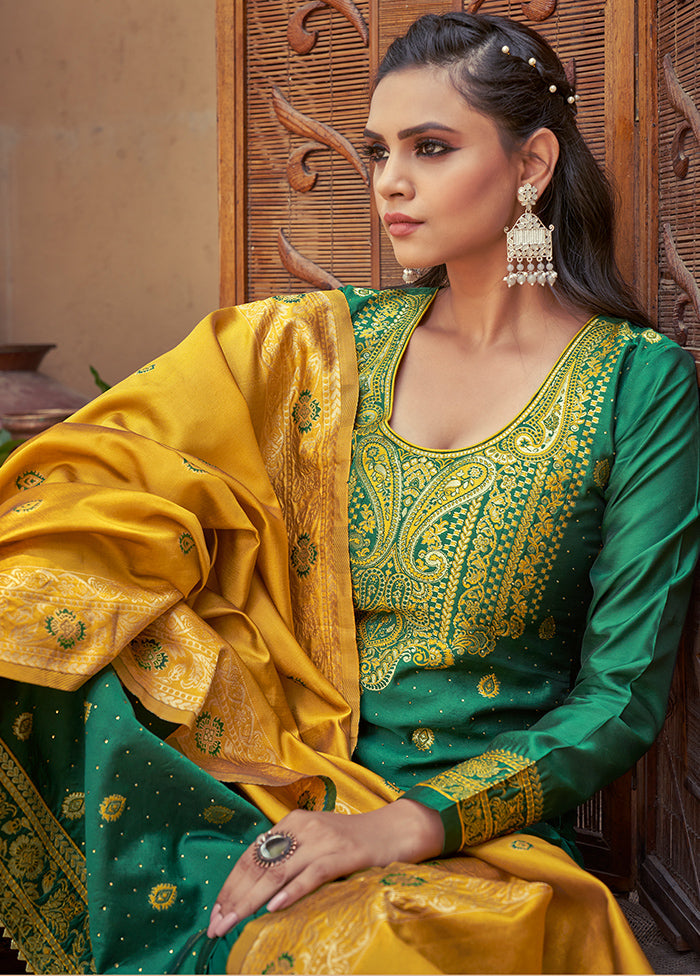 3 Pc Green Unstitched Silk Suit Set With Dupatta