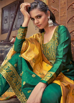 3 Pc Green Unstitched Silk Suit Set With Dupatta