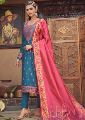 3 Pc Blue Unstitched Silk Suit Set With Dupatta