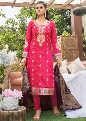 3 Pc Pink Unstitched Silk Suit Set With Dupatta