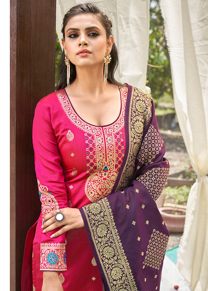 3 Pc Pink Unstitched Silk Suit Set With Dupatta