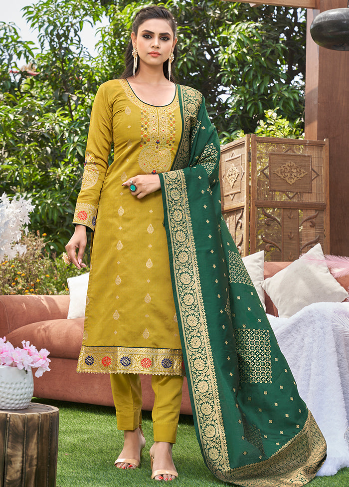 3 Pc Mustard Unstitched Silk Suit Set With Dupatta