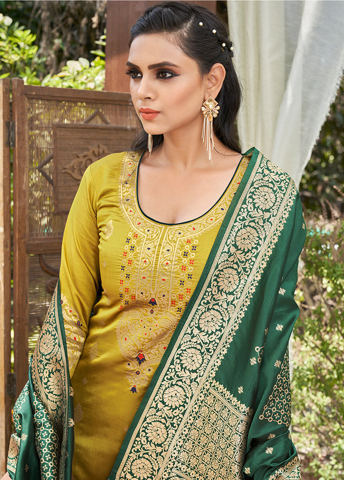 3 Pc Mustard Unstitched Silk Suit Set With Dupatta