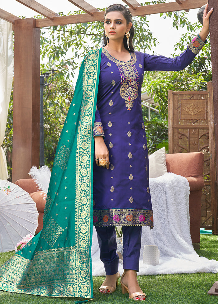 3 Pc Royal Blue Unstitched Silk Suit Set With Dupatta